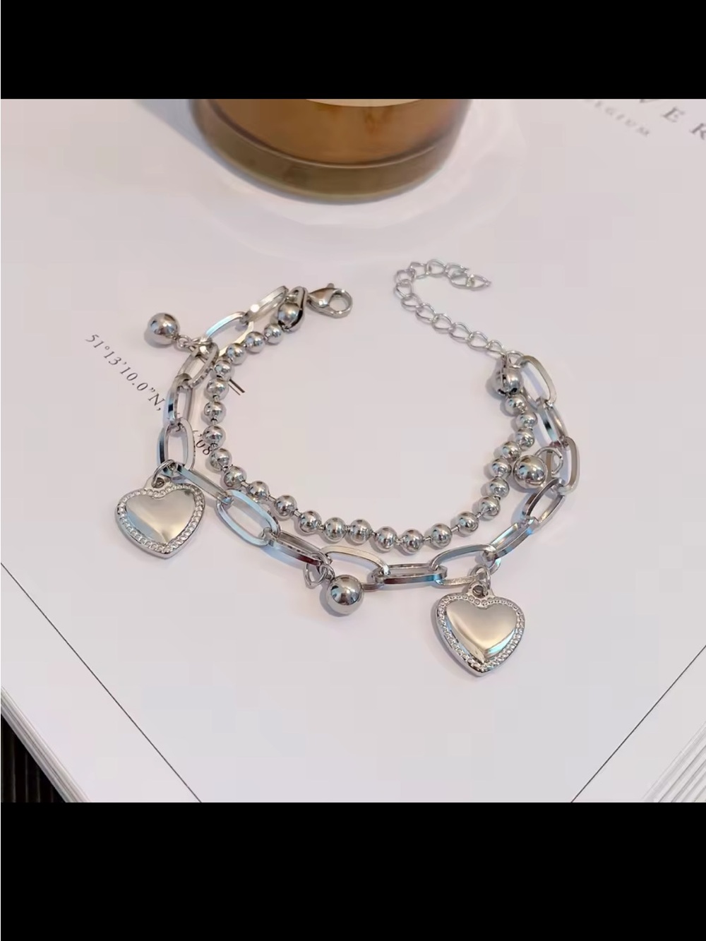Silver Double-Layer Heart Charm Bracelet for Women